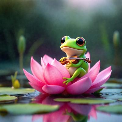 The primary subject of the image is a green frog sitting on a pink flower. The setting is a pond with water, and the visual style is a digital art illustration. The dominant colors are green and pink, creating a calm and serene atmosphere.